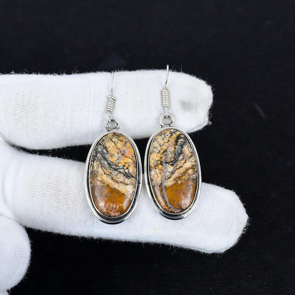 Natural Picture Jasper Gemstone Antique Earrings 925 Sterling Silver Earring, Boho Silver Jewelry Dangle Earrings, Gifts For Birthday Gifts For Her