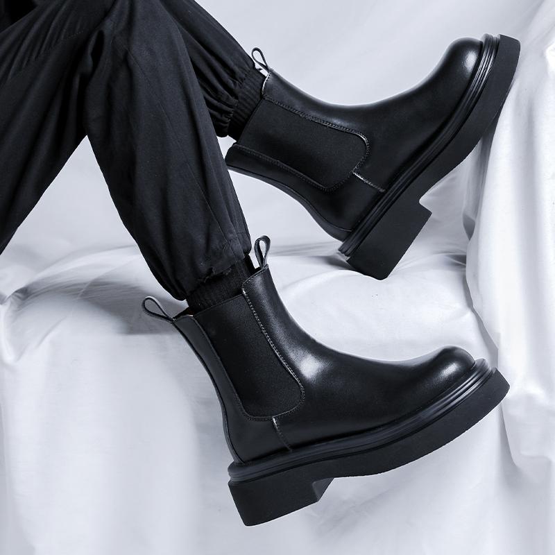 FashionAutumn Winter Leather Chelsea Boots for Men Slip On Platform Shoes Men Casual Plush Warm Ankle Boots Thick Sole Motorcycle Boots