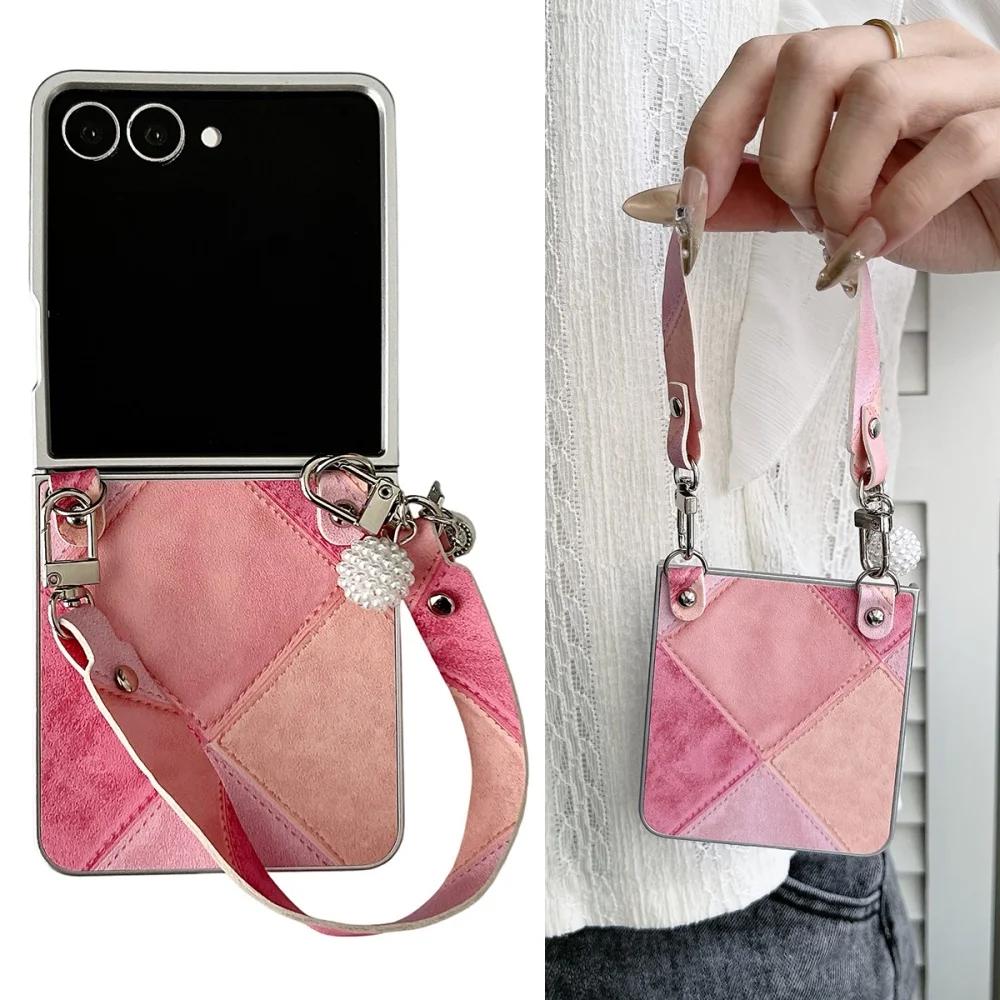 Fusion Business Sle Bla Color Collision Ремешок-браслет Кожаный чехол для телефона для Samsung Galaxy Z Flip 7 6 5 4 3 Защитная крышка