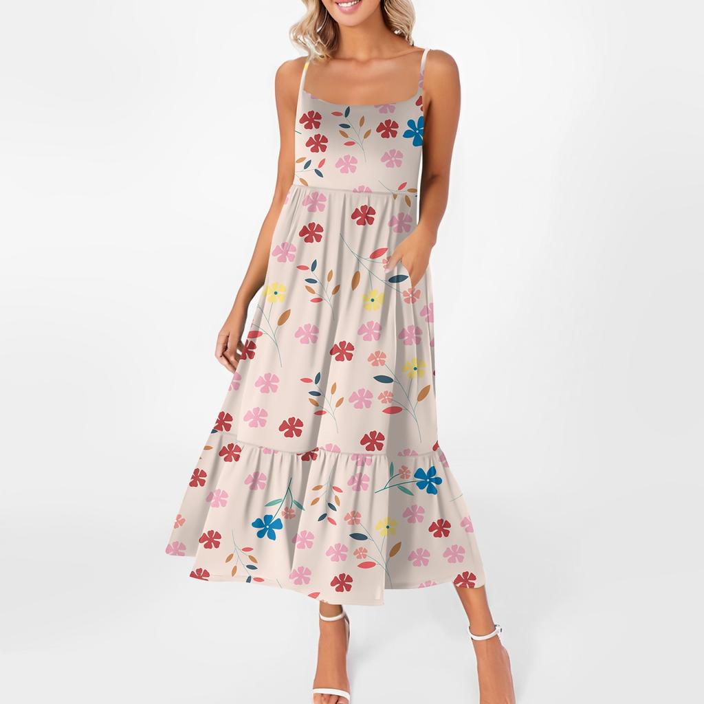 Women's Long Beach Casual Elegant Spaghetti Strap Maxi Dress Floral Low-key Flowing Bohemian Dress