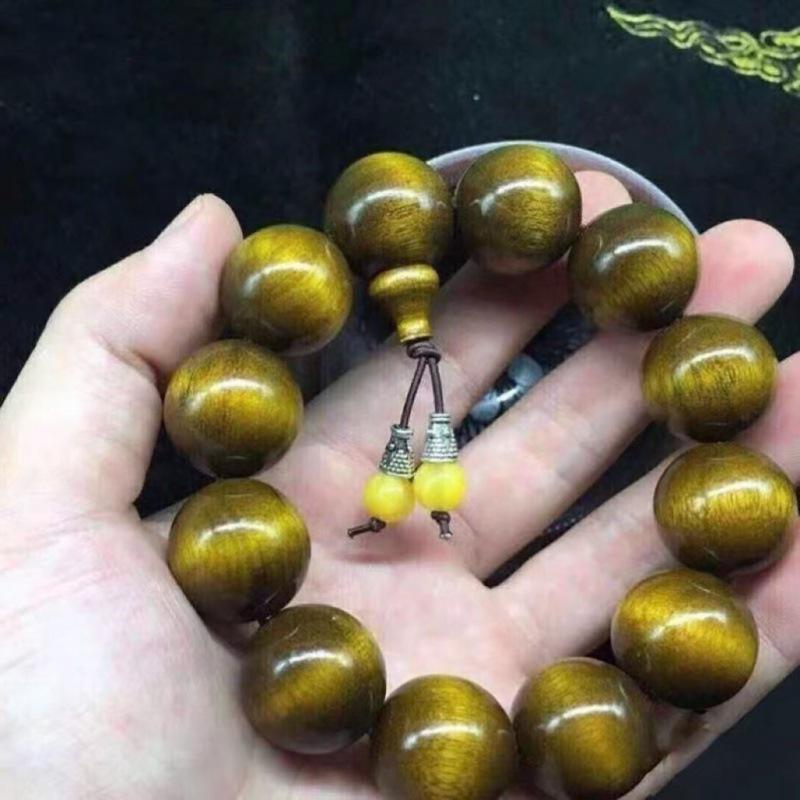 Gold-Veined Phoebe Wood Wenwan Bead Bracelet - Dark Wood, Water Ripple Pattern, Unisex, 2.0 Size.