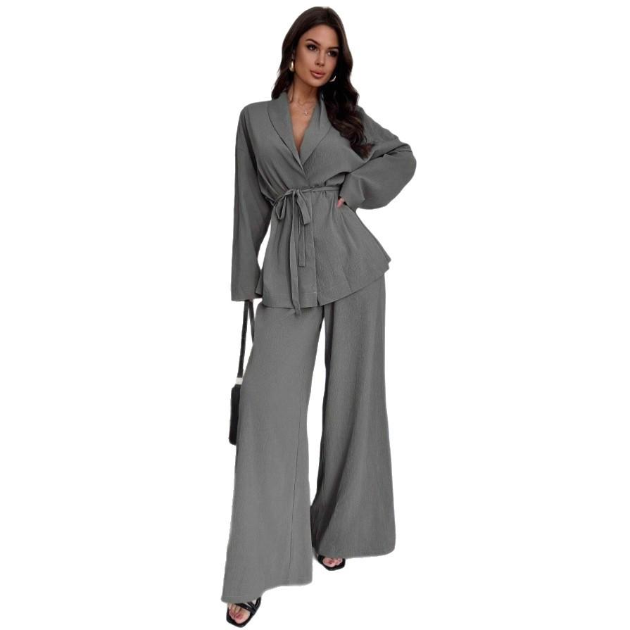 2025 Осень/Зима Элегантный женский комплект с V-образным вырезом и длинными рукавами, широкие брюки