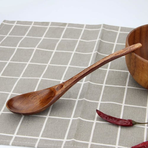 YFWOOD 20cm Spoon Set, Natural Wood with Lacquer Finish, Curved Wooden Dinner Spoon and Soup Spoon, Lightweight, for Curry, Ramen, Fried Rice, and Oth