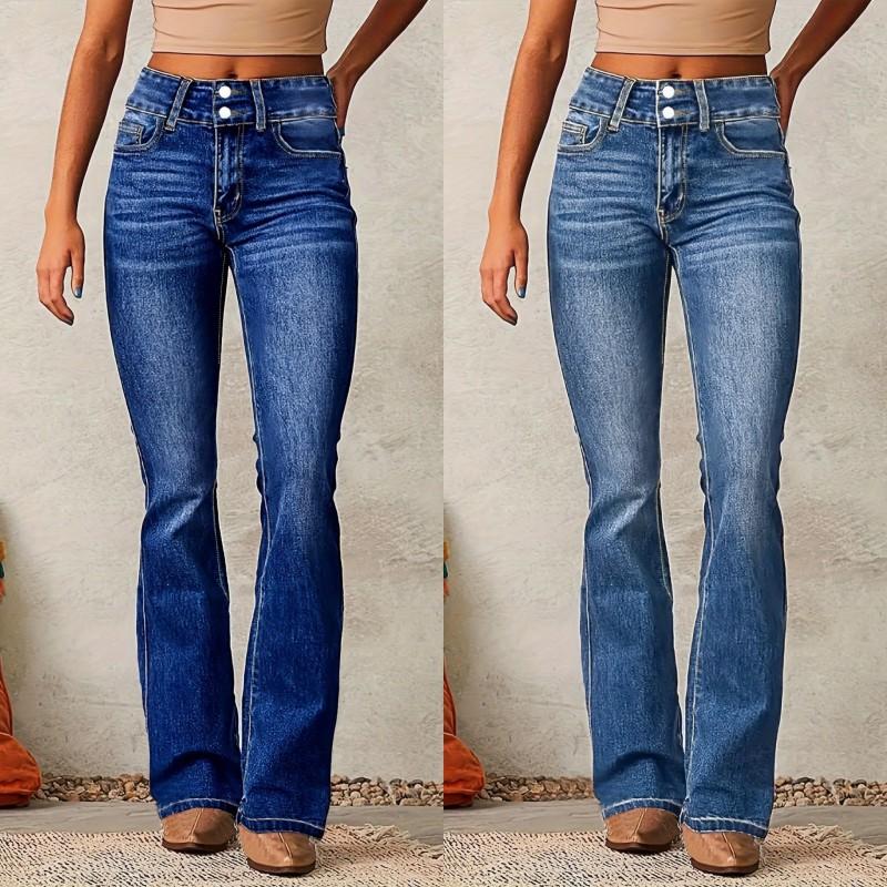 Womens Vintage Stretch Jeans Washed Flared Leg Long Pants Street Style Denim Trousers