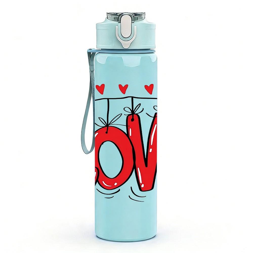 1PC Bold Red Love Word With Hearts Art Print 750ml Color Plastic Sports Water Bottle Leakproof Flip Straw Lid Suitable for Sports Office Home Use