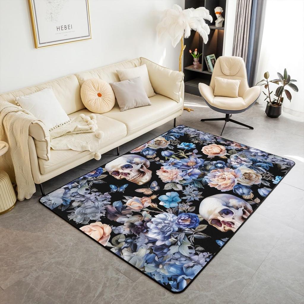 Erosebridal Moth Skull Moon Area Rug 4'11" x 3'3" Bohemian Stars Exotic Living Room Rugs Starry Sky Mysterious Decorative Carpet Black and W