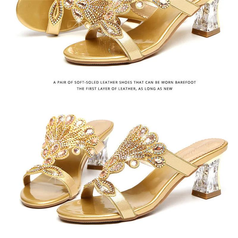 Summer New Fashion Women's High-heeled Slippers Open-toe Sandals Personalized Soft Sole Diamond Crystal Thick Heel Shoes