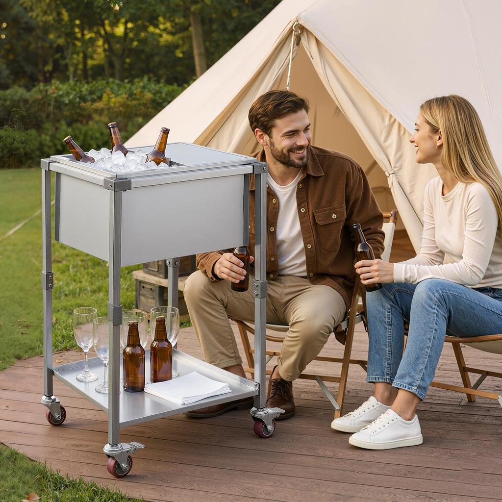 Rolling Ice Chest Cooler Cart Stainless Steel Cooling Bin 42.4 L, Outdoor Stand Up Cooler Trolley with Wheels, Sliding Lid, Shelf, for Patio Backyard