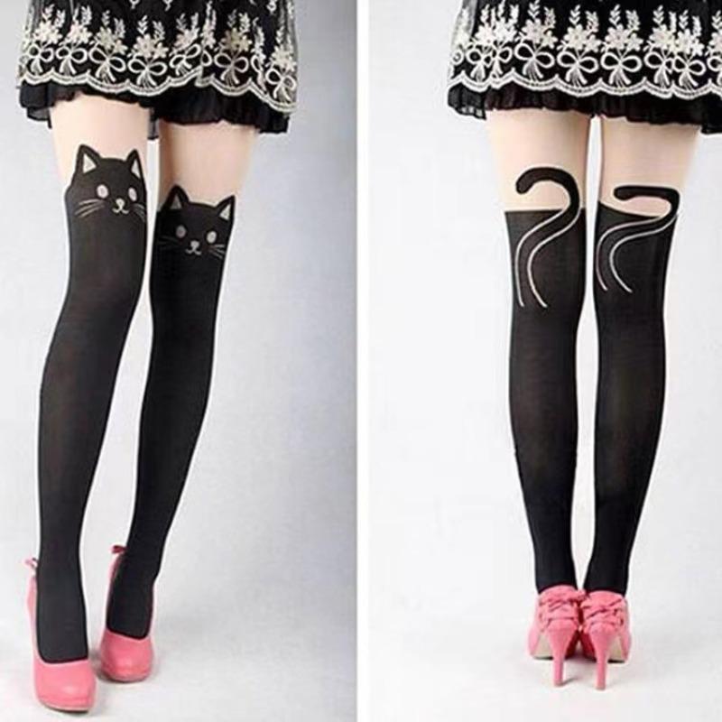 Women Cute Black Cat Printed Silk Knee Socks Casual Thigh Cotton Warm High Over Knee Socks Cute Romantic Socks Lady Cat