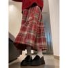 «Женская юбка-трапеция из красной шерсти в клетку с высокой талией 2024 года — японский ретро, средняя длина, облегающий крой»