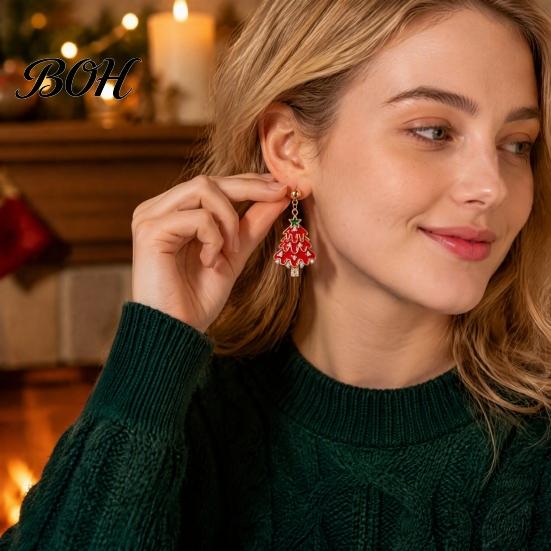 Christmas Party Accessories 1 Pair Earrings for Women, Xmas Tree Dangle Festive Red Green Stud Earrings, Sparkling Rhinestone Holiday Festival
