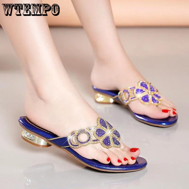 Women's Flip-flops Summer Flat Bottom Low Heel Sexy Fashion Outdoor Versatile Rhinestone Leather Beach Slippers Sandals Rubber EVA Material