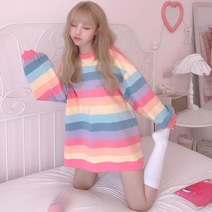 Весна-Осень, тонкая повседневная толстовка с капюшоном в радужную полоску, толстовка с длинными рукавами, женские топы с круглым вырезом и длинными рукавами y2k, уличная одежда, женские розовые толстовки