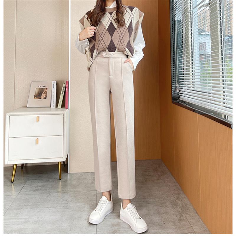 Осенне-зимние модные утепленные повседневные брюки в стиле Харадзюку, свободные брюки с высокой талией, корейские тонкие женские шерстяные брюки-карандаш