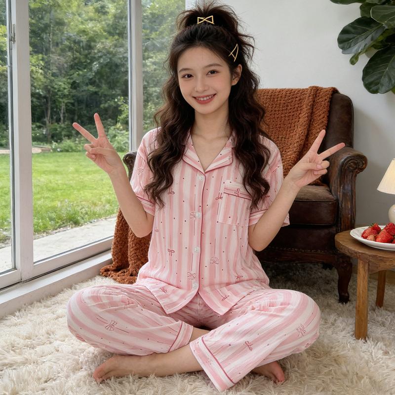 Sweet bow polka dot striped lapel cardigan wrinkled pajamas women's spring loungewear set