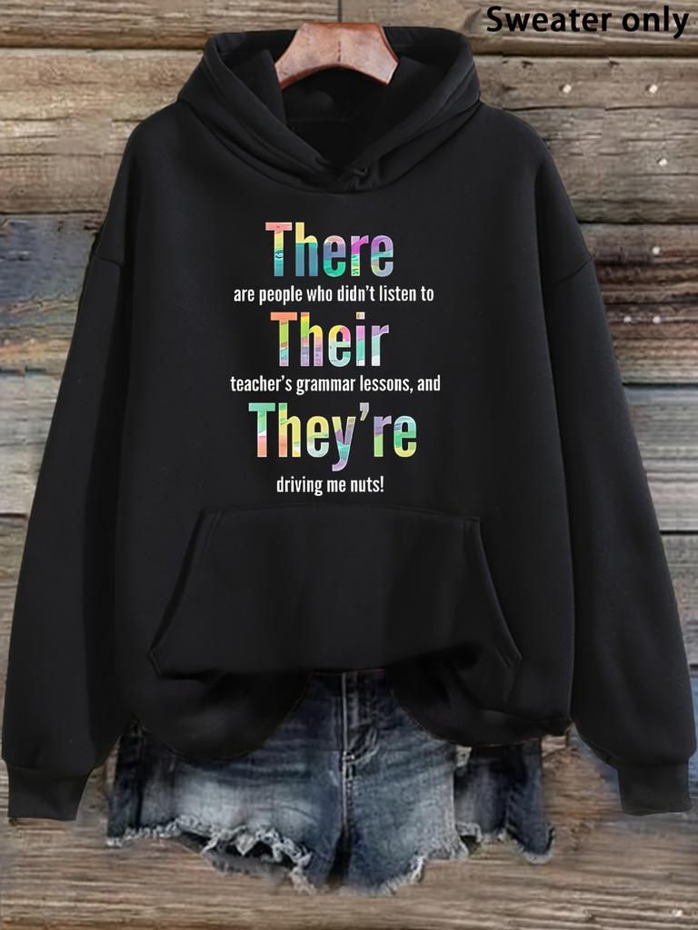 Стильный женский худи Grammar Яркий There Their They're Дизайн с типографикой Длинный рукав С капюшоном Удобный Модный Пуловер Топы для