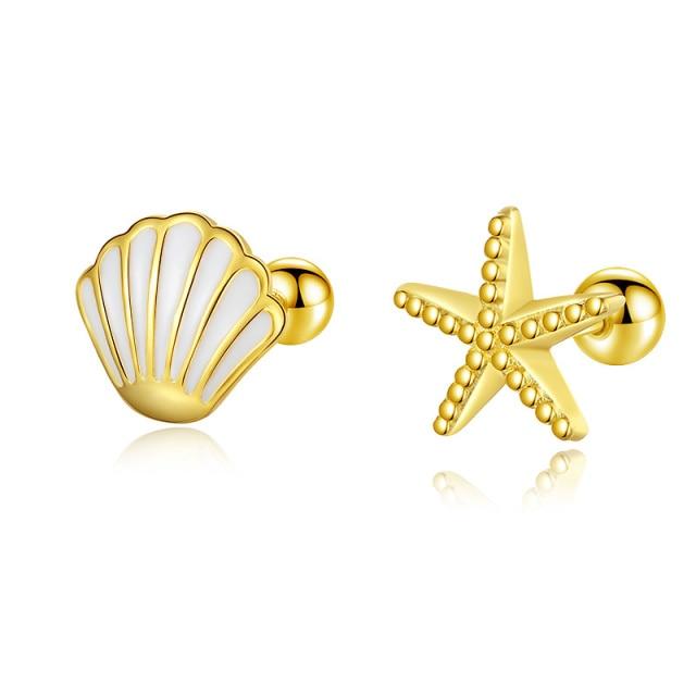 TrustDavis Real 925 Sterling Silver Sweet Asymmetrical Starfish Shells Screw Sted Earrings For Women Daughter Fine Jewelry DA2157