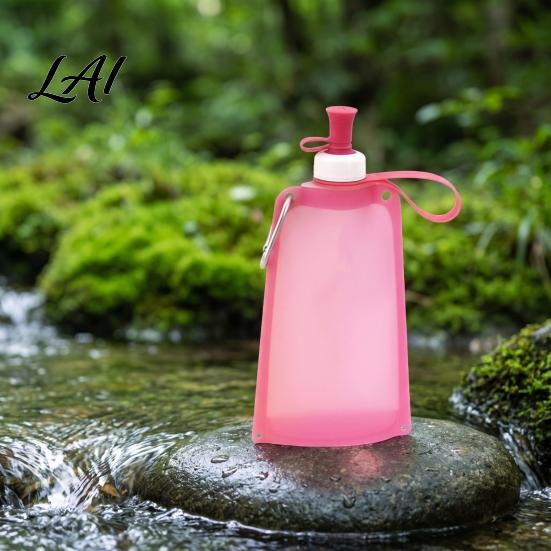 Leakproof Outdoor Flask 500ML Collapsible Silicone Water Bottle Portable Folding Drinking Bag Hiking Cup Pouch with Lanyard for Cycling Climbing