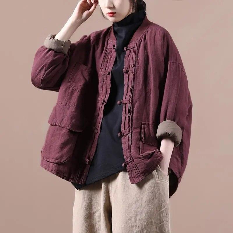 Johnature Women Vintage Jackets Solid Color Cotton Linen Coats Stand Button Patchwork Pockets Coats