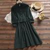 Plus Size Spring Autumn Women Dress Stand Collar Polka Dot Green Navy Blue Dress Elegant Long-Sleeved String Mini Dress