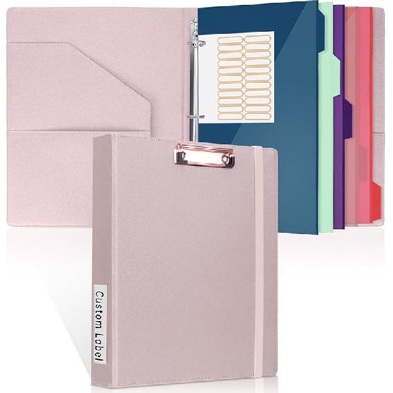 Antner PU Leather 3 Ring Binder with Clipboard, 1 Inch Clipboard Binder Organizer for Letter Size Paper, 5 Divider Folders with 10 Pockets, Hardcover