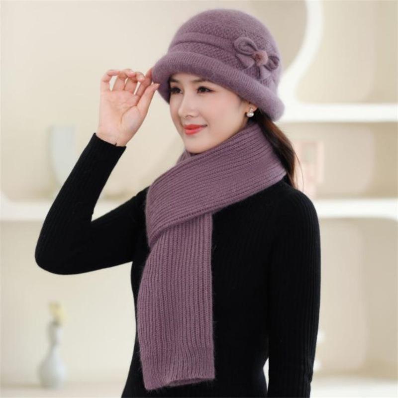 Women's Trendy Korean Style Knit Rabbit Fur Hat and Thick Scarf Set for Autumn/Winter