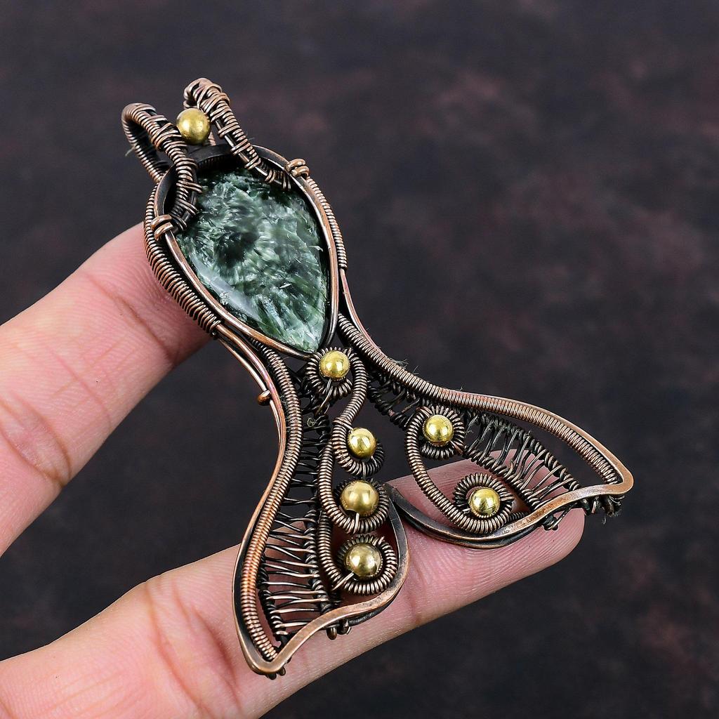 Подвеска из серафинита, подвеска, обмотанная медной проволокой, подвеска в виде рыбки, украшения из драгоценного камня серафинита, подвеска ручной работы, медные украшения, подарки на годовщину