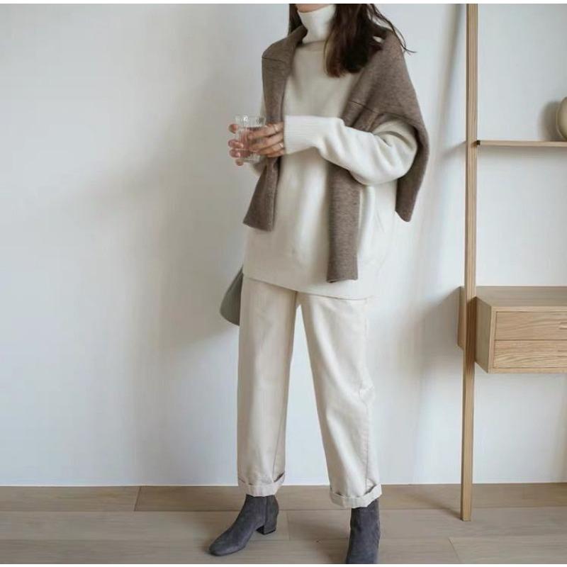 Свитер с высоким воротником, свободный повседневный женский толстый теплый клетчатый пуловер, однотонная базовая рубашка, простая одежда для поездок на осень и зиму