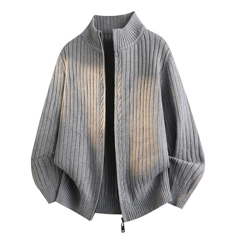Mens Oversized Knit Cardigan With Stand Collar Zipper Thick Cable Sweater Winter Casual Streetwear