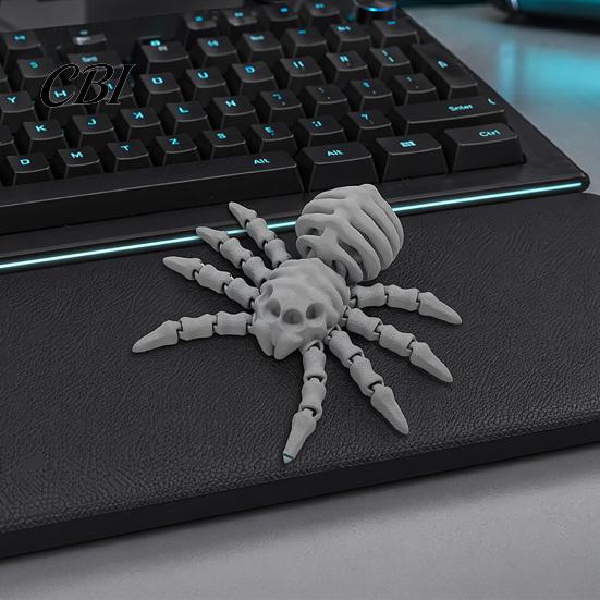 Movable Joint Spider Toy 3D Printed Skeleton Figurine, Articulated Joints Horror Halloween Desk Decor, Gothic Tabletop Ornament Skull with Matte Grey