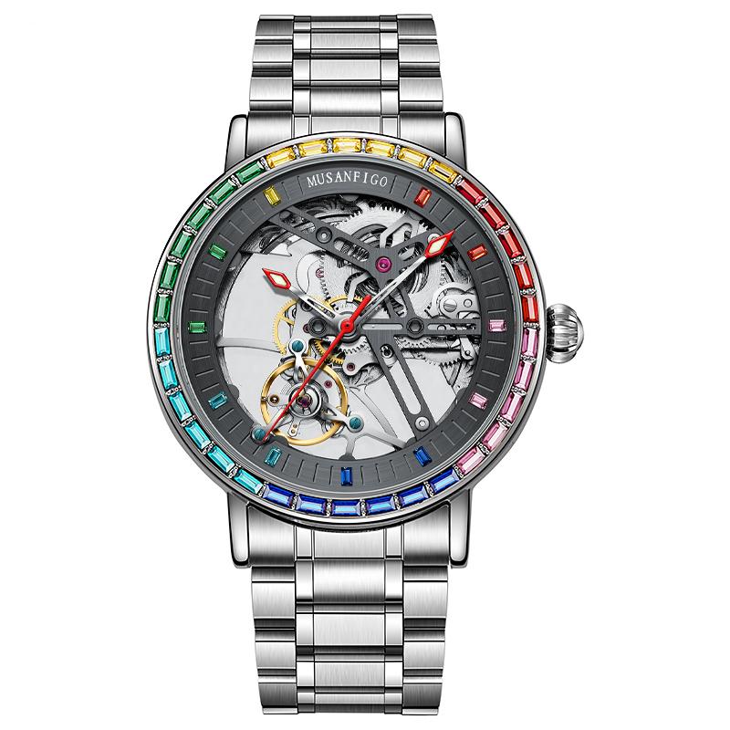 MUSANFIGO new hollowed out fully automatic mechanical watch for men, color diamond stainless steel luminous waterproof watch