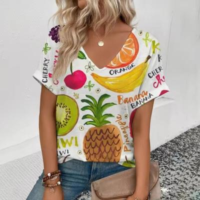 Модная удобная уличная 3D фруктовый узор с принтом, элегантный топ больших размеров, легкая женская футболка с V-образным вырезом и короткими рукавами