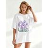 Black Oversized T Shirt With Purple Iris Flower Print For Casual Wear