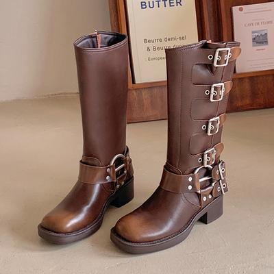 2024 Осень Новые женские сапоги Knight Square Head с пряжкой на ремне в стиле ретро