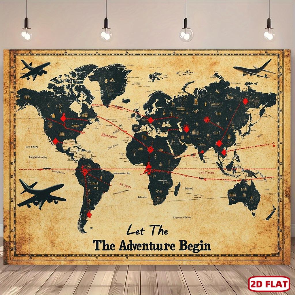 1 piece of 2D flat retro world map exploration poster | Travel theme party banner