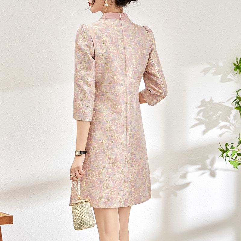 Spring New Arrival Gold Silk Jacquard Slim Waist Dress - Women's Fashion