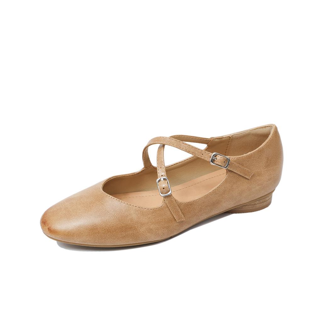 French Retro Cross Strap Mary Jane Shoes Women's Leather Single Shoes Spring Niche Shallow Mouth Flat Ballet Grandma Shoes