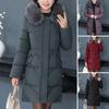 Winter Women Cotton Jacket with Furry Hood Neck Protection Plus Size Pockets Mid Length Zipper Closure Padded Coat Solid Color Windproof Outwear Parka