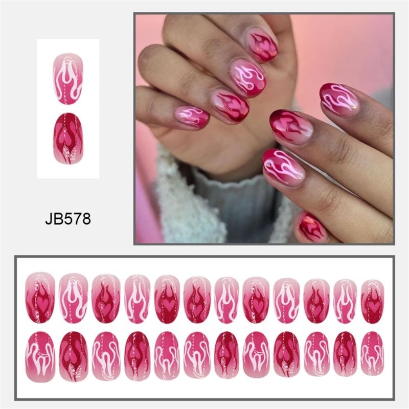24pcs Short Press On Nail With Heart Flame Designs Acrylic False nail For Women And Girls Easy To Apply And Remove