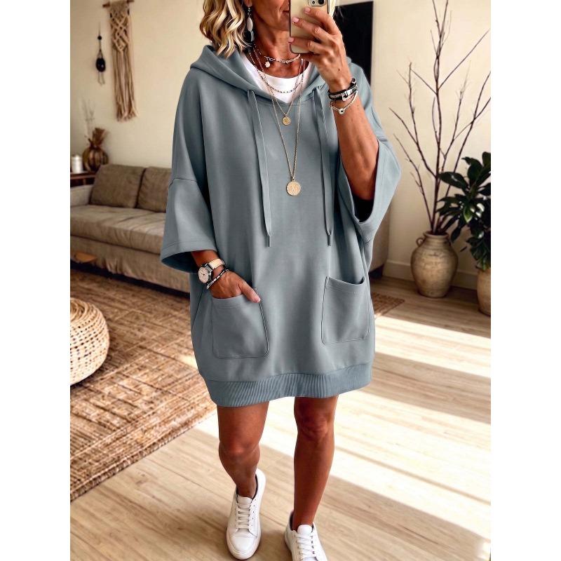 Loose Hooded Solid Color Casual Sweatshirt Dress For Women