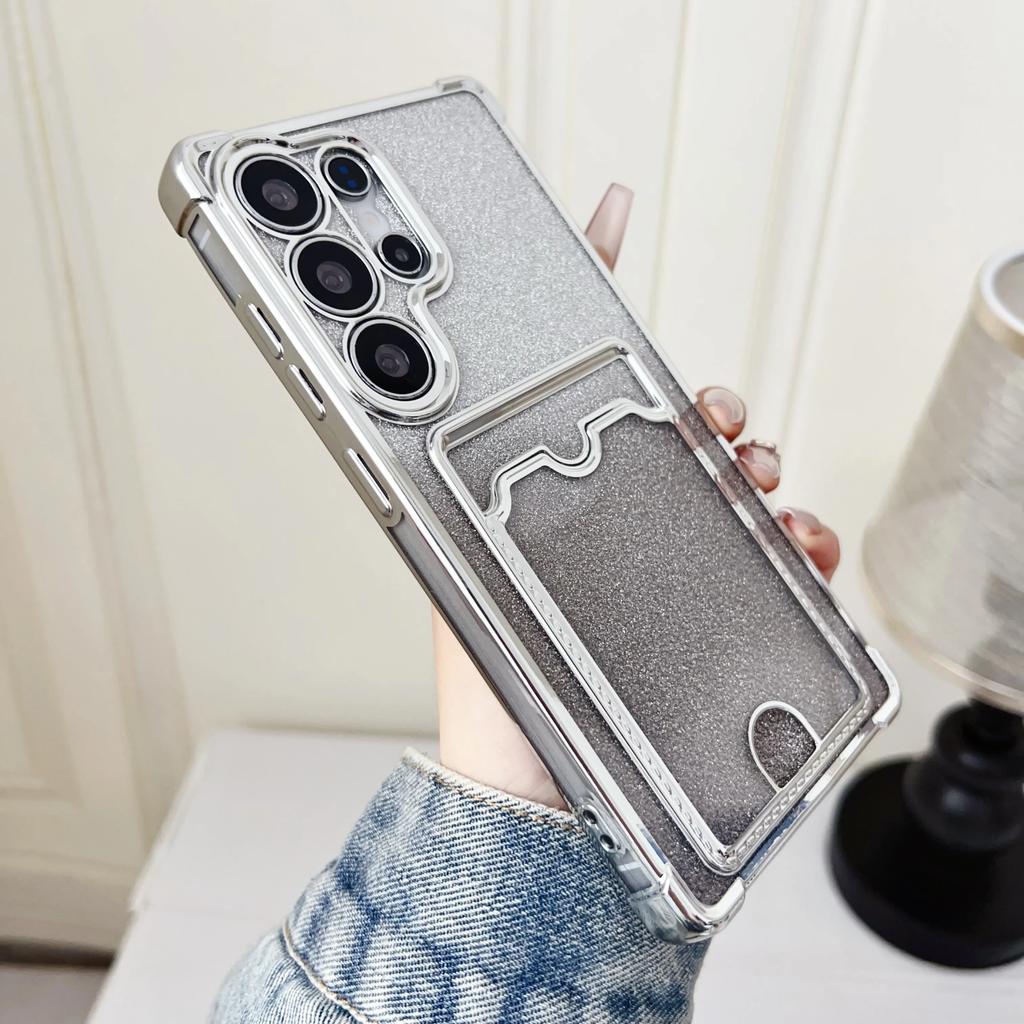 Gradient Glitter Card Bag Clear Plating Case For Samsung S25 S24 S23 S22 Ultra Plus A55 A35 A25 A54 A15 A14 A24 Shockproof Cover