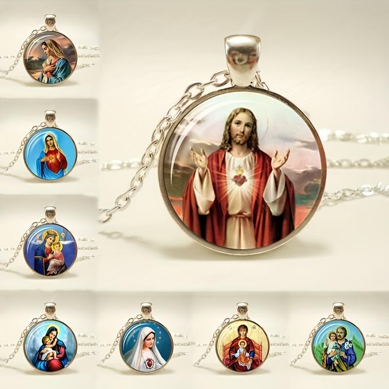 Vintage Jesus Virgin Mary Necklace Time Gemstone Glass Alloy Material Necklace