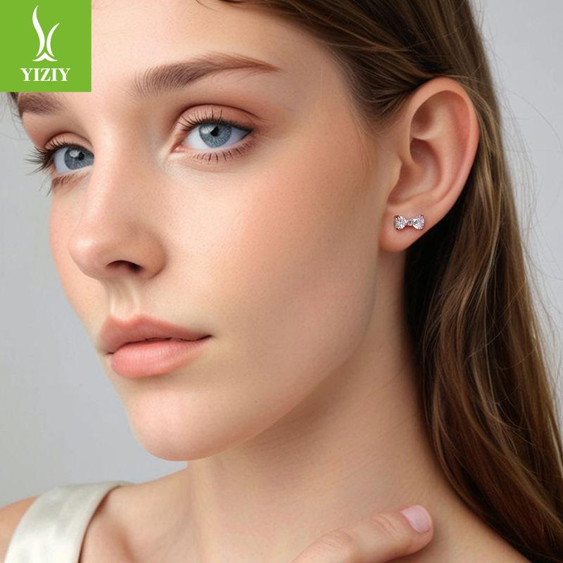 Bow S925 Sterling Silver Stud Earrings For Women, Shining Luxury Zircon Simple Stud Earrings.