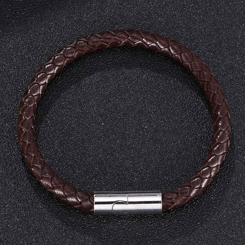 Fashion Men Women Black Brown Genuine Braided Leather Bracelet Stainless Steel Clasp Bracelets Bangles Jewelry