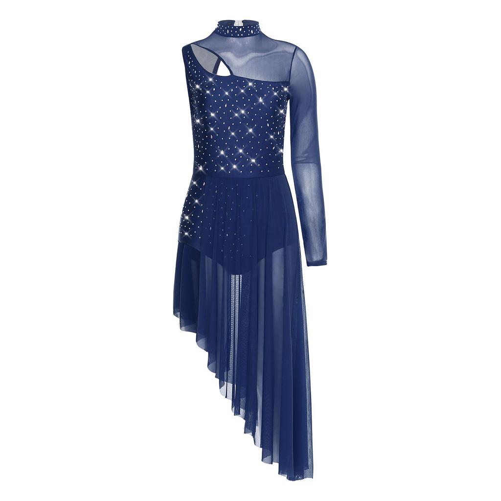 Womens Asymmetrical Lyrical Dance Dress Mock Neck Cutout Sheer Mesh Shiny Rhinestones Performance Costume