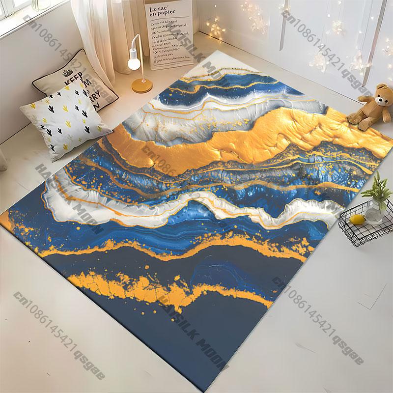 Abstract flowing gold blue layers carpet Yoga living room room decor children's crawling mat doormat area rug games mat