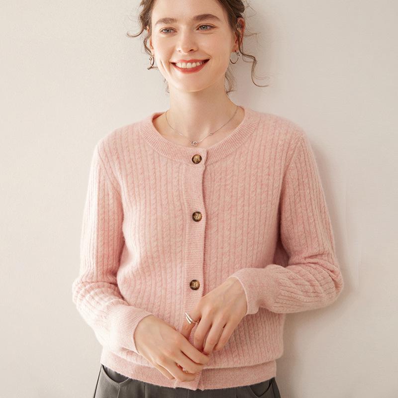 Women's Cable Knit Cashmere Cardigan - Round Neck, Single-Breasted, Fashionable & Warm Sweater Coat