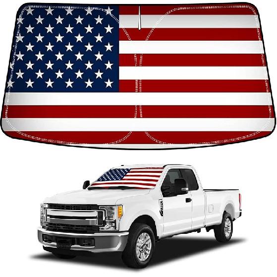 Bestview American Flag Windshield Sunshade For 2017-2025 Ford F250 F350 F450 F550, Fit Foldable Front Window Sunshade Sun Visor Accessories Protector