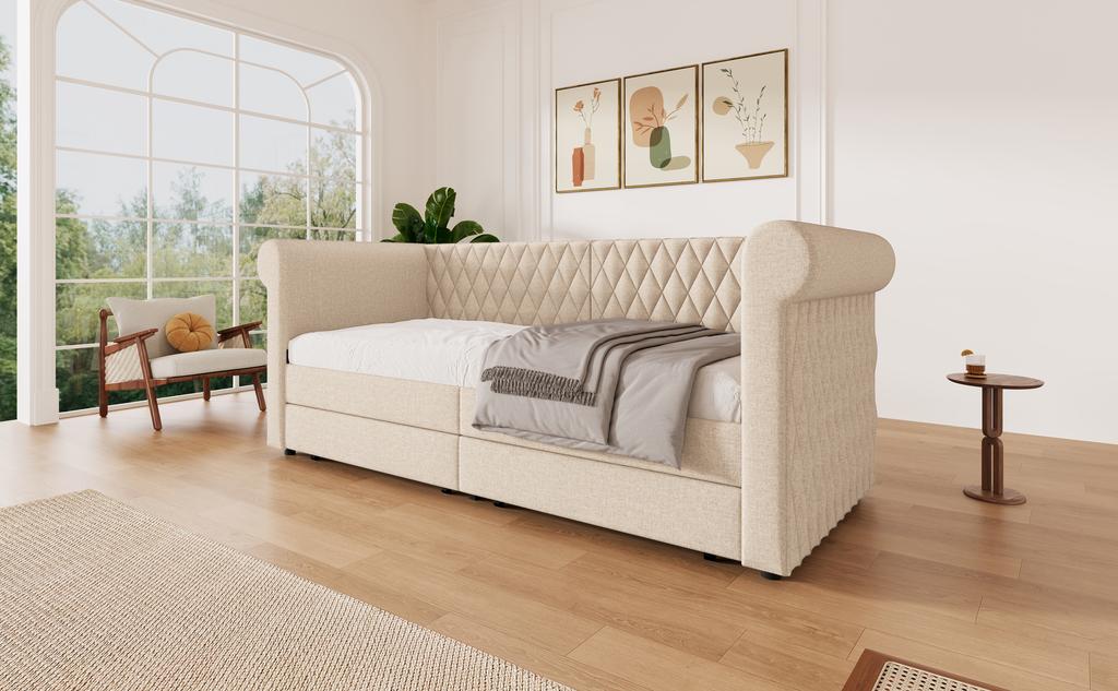 Vintage Headboard Upholstered Sofa Bed 90x200 cm, Daybed with 2 Storage Drawers, Bed Frame with Slatted Frame, Wood, Linen, Beige (Without Mattress)