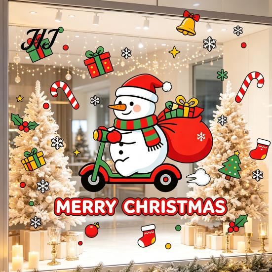 Window Beautification Supplies Cute Snowman Scooter Christmas Static Cling, Cartoon Merry Glass Waterproof Decorations Decal, Sticker for Home